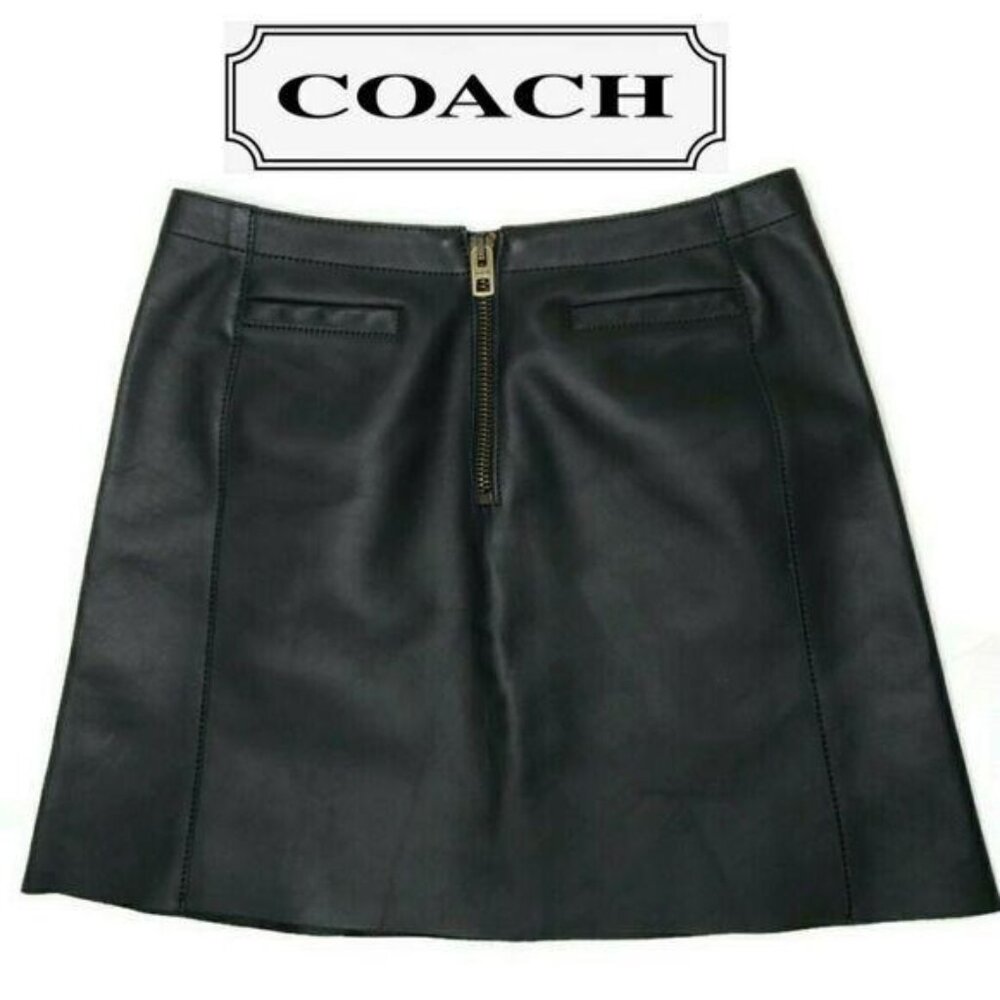 Coach Black Leather Mini Skirt With Back Zip and faux pockets sexy classic - Picture 1 of 11